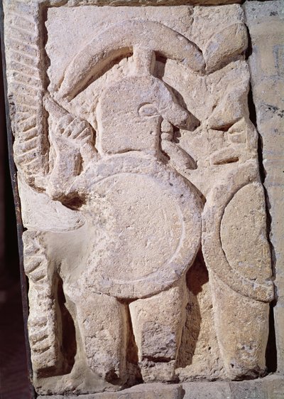 Ancient stele with a relief of a warrior by Etruscan